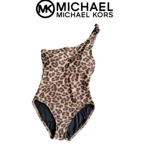 Michael Kors Women Tan Brown Leopard Print knotted one Shoulder Swimsuit sz 8 - Picture 3 of 16
